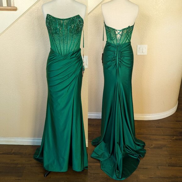 Emerald Green Sequined Rhinestone Strapless Corset Formal Prom Evening Dress 8 - Picture 1 of 5